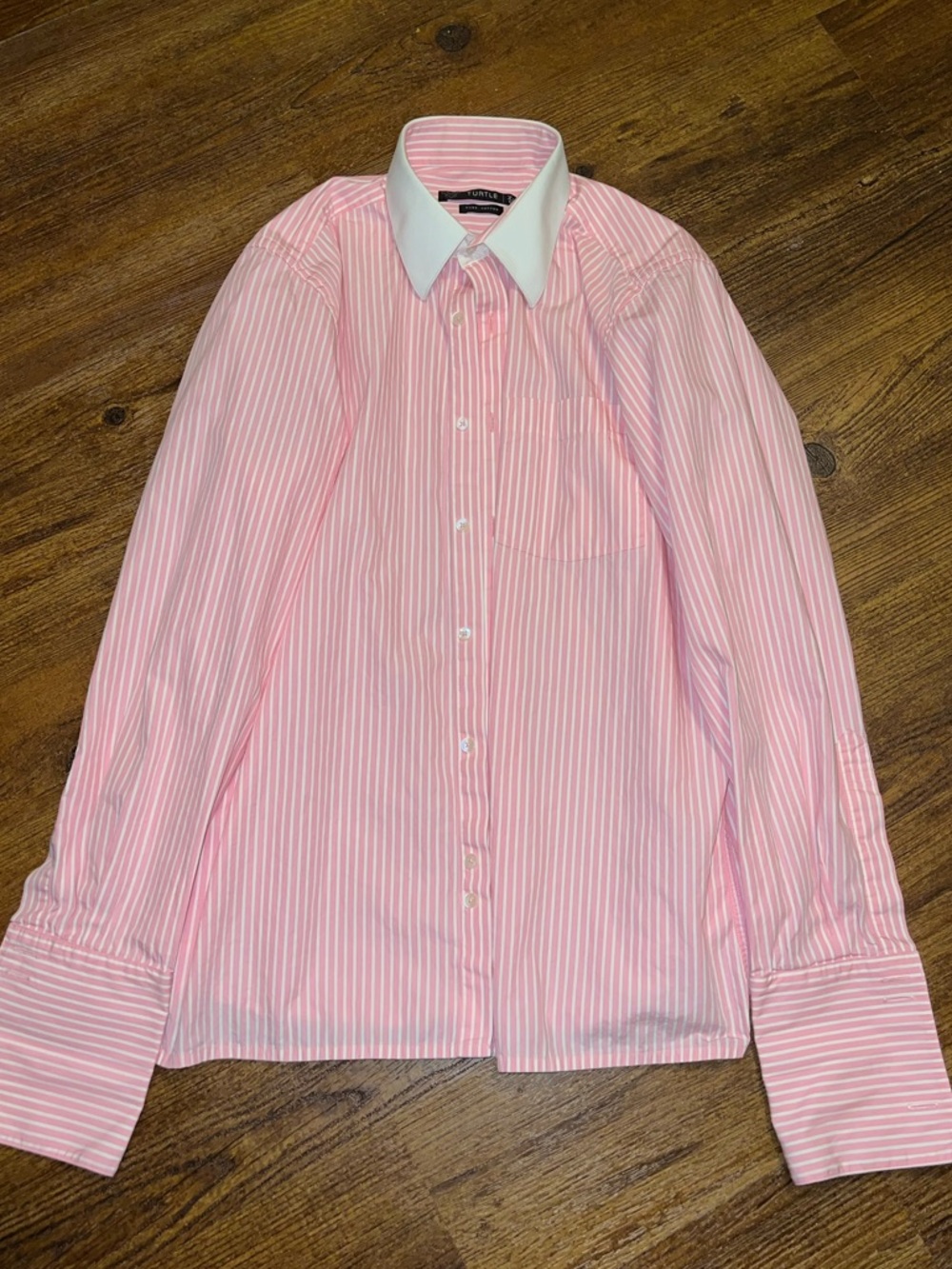 Pink & White Chic Pinstripe Long Sleeve Preppy Button Up Collar Shirt Size M